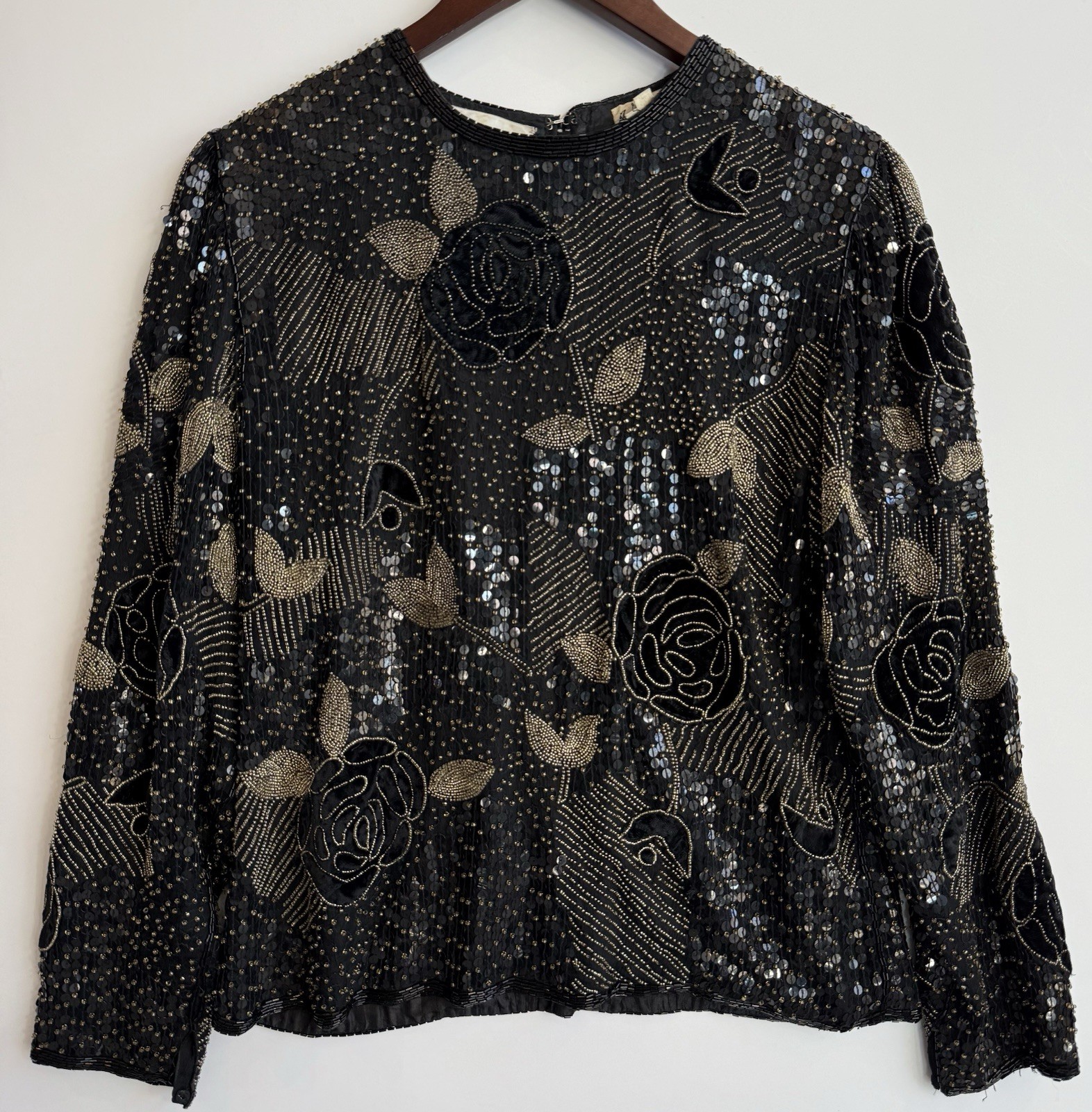 Vintage Judith Ann Creations Women’s M 100% Silk Beaded Sequin Blouse Black Gold