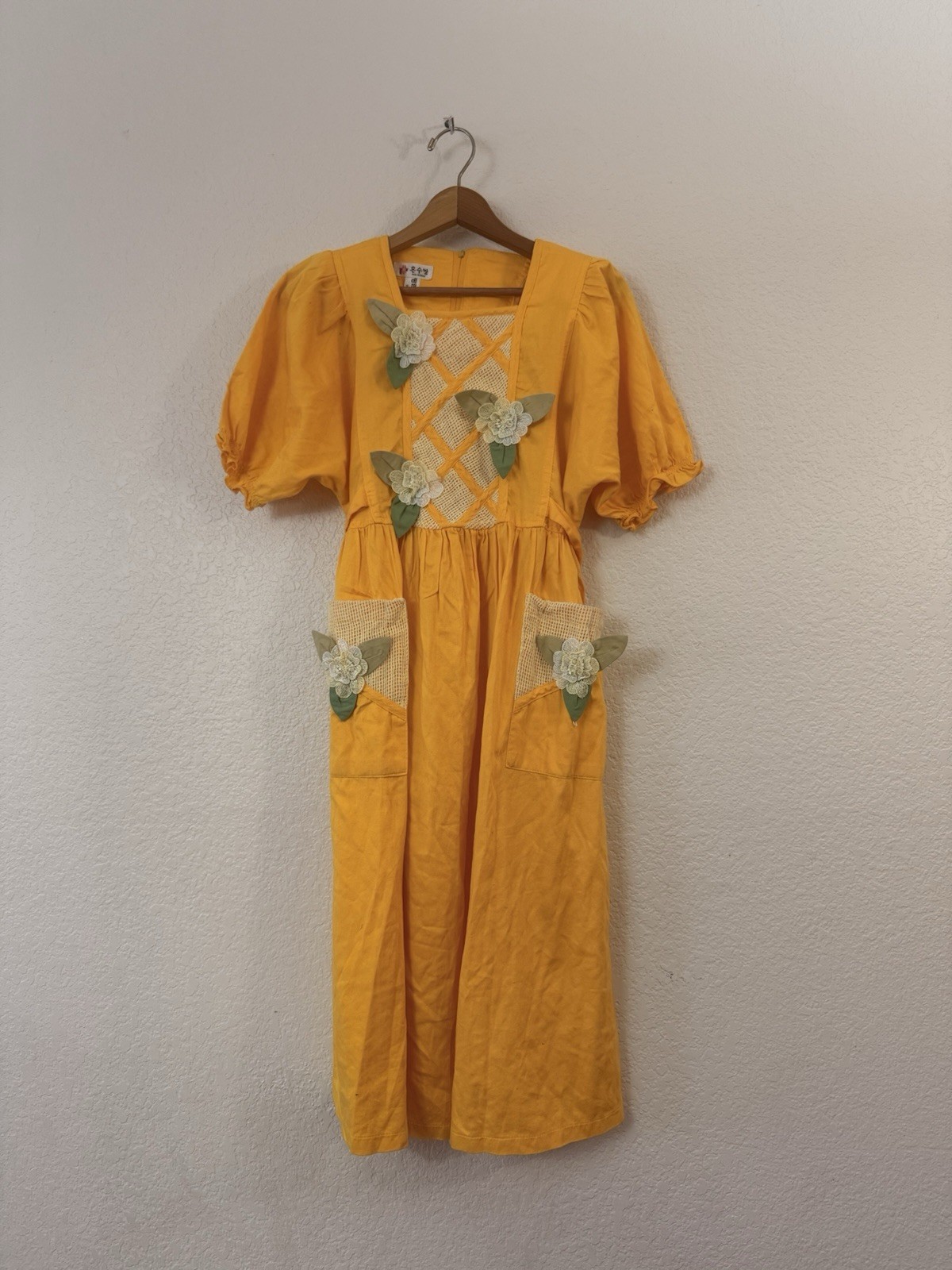 Vtg 70s 80s Korean Trousseau House Dress Hon-Su-Bang Crochet Applique Day Dress