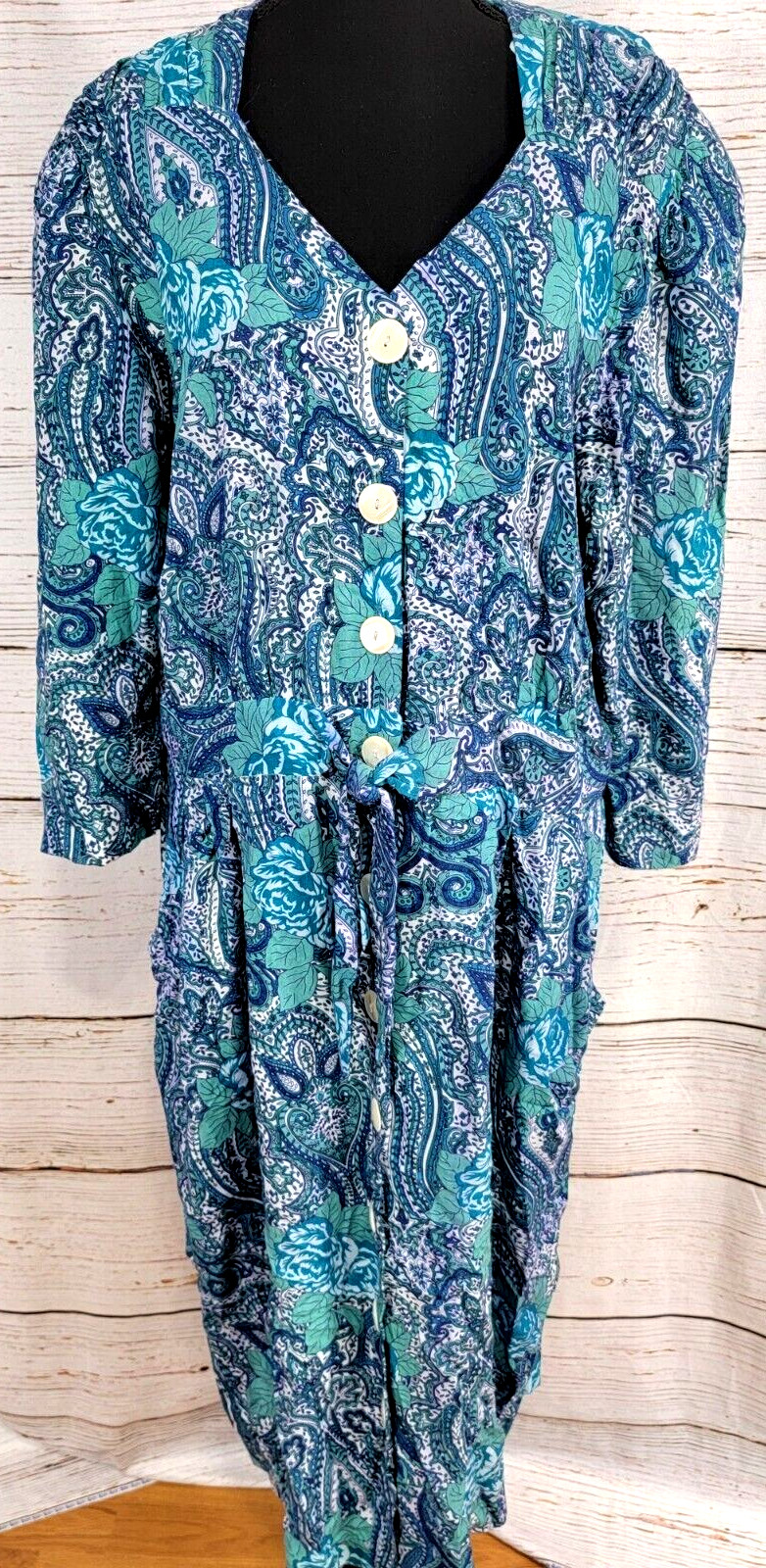 Betsy’s Things VTG Womens Midi Dress Size 11/12 Pockets Button Front Blue Floral
