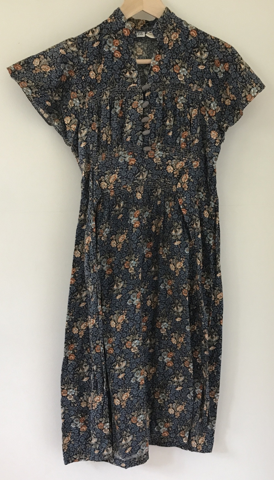 Vintage 70s Cottage Core Navy Blue Brown Floral Paisley Dress USA Union Made M