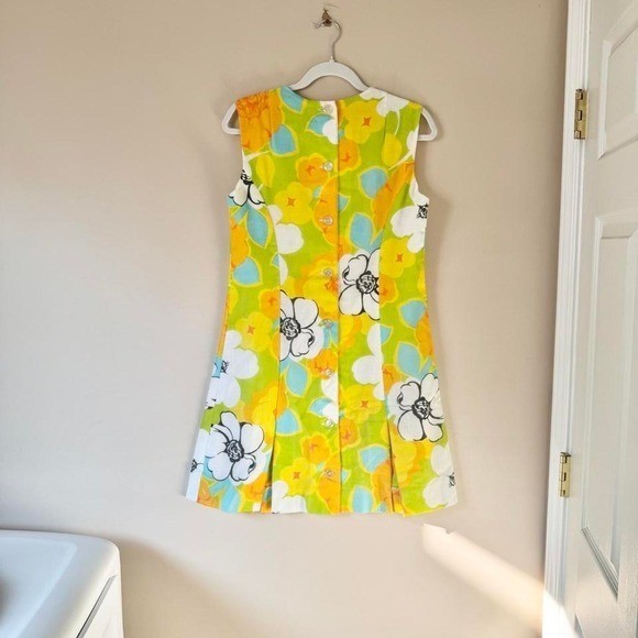 Vintage 60s Floral Dress + Short Set High Waist Mod Orange Green White Dayglow