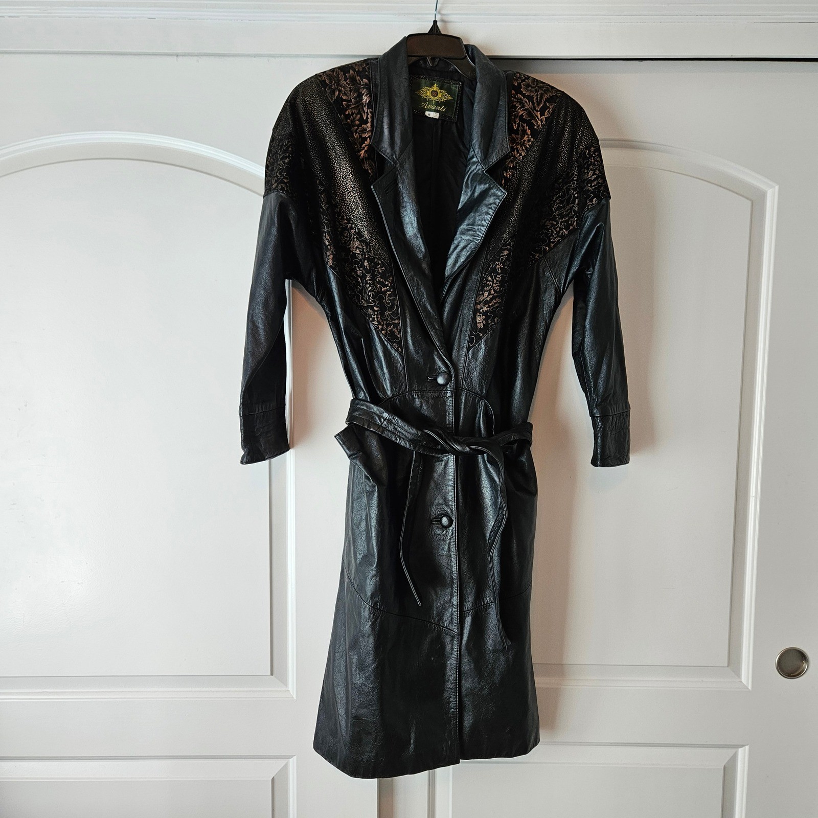 Vintage Avanti Black Leather Trench Coat Size Small Floral Patchwork Belted