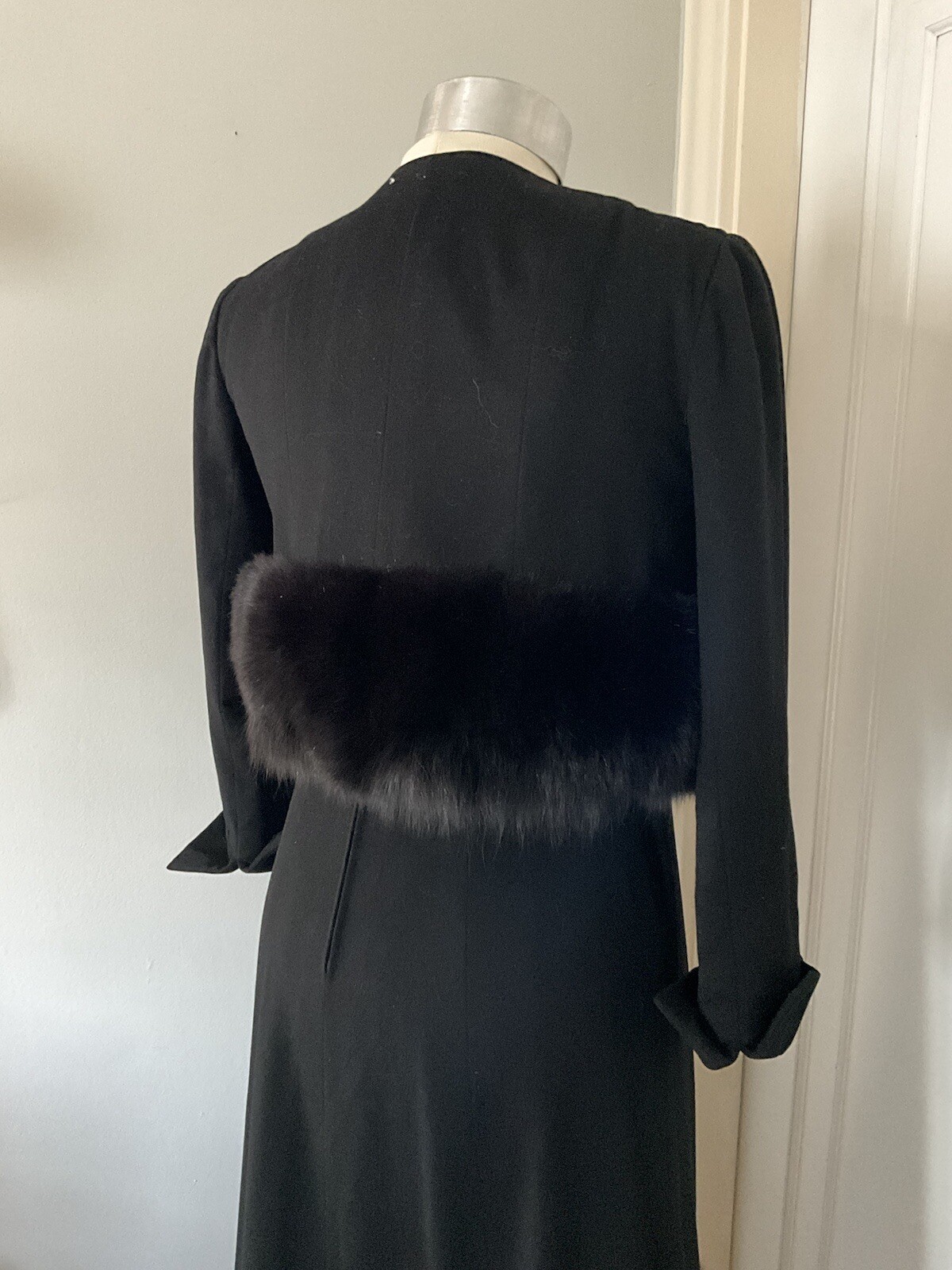 Vintage c.1965 Pauline Trigere Black Wool Dress and Bolero with Fox Fur