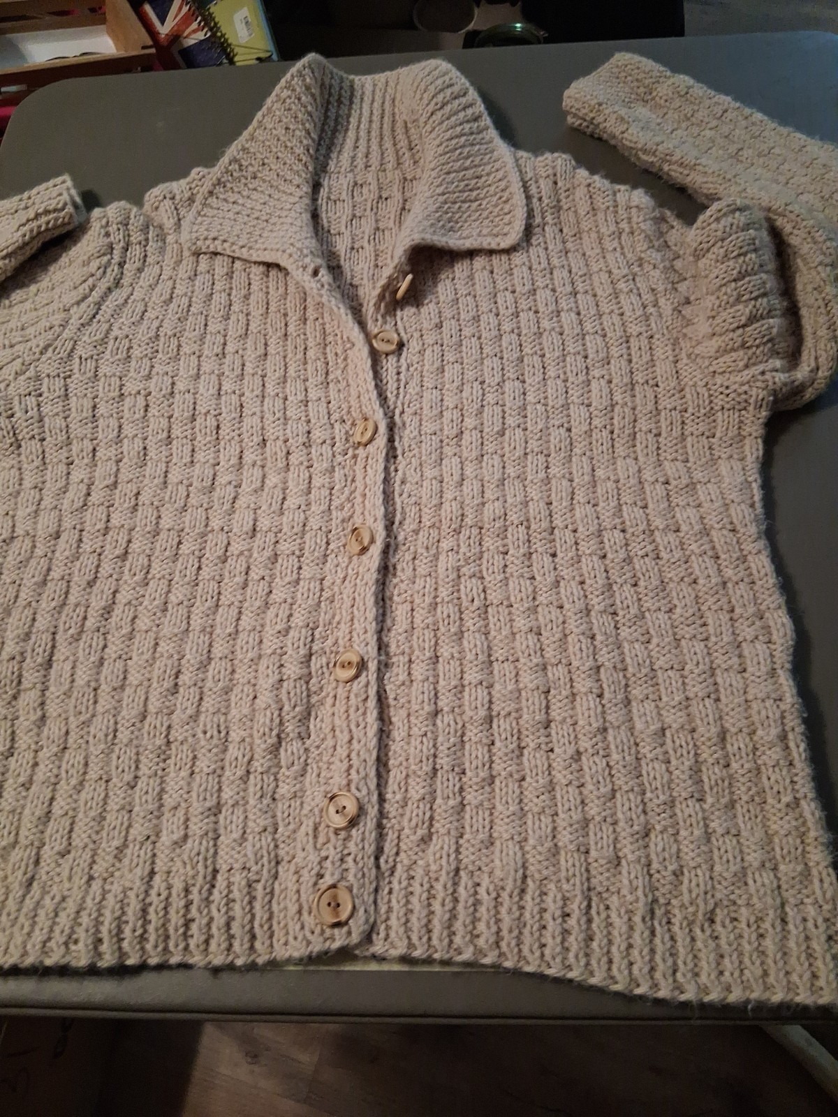Vintage Handmade Sweater Basket Knit Stich Shawl Collar Cardigan Women’s Large
