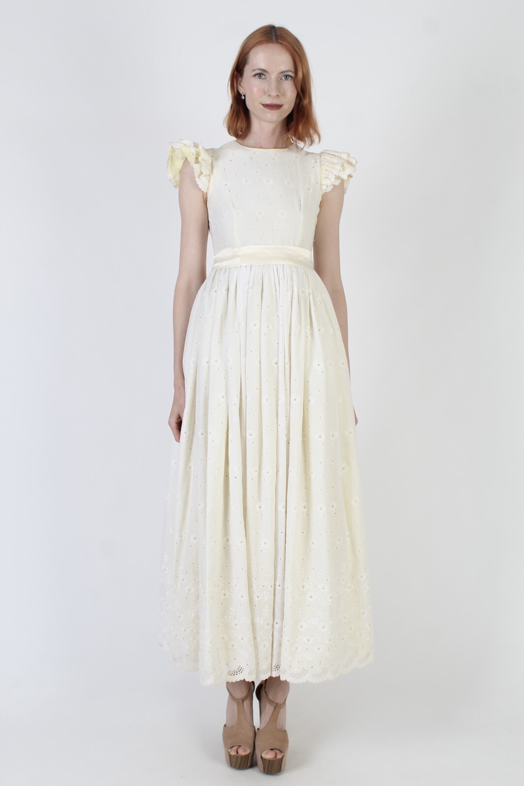 Vtg Plain Old Fashion Pale Yellow Eyelet Ruffle Maxi Prairie Full Skirt Dress