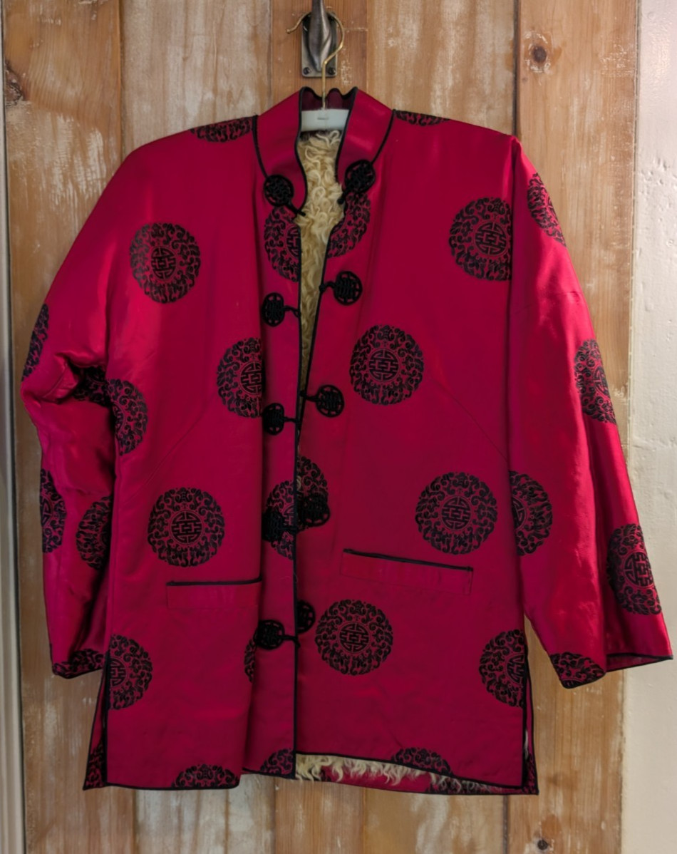 TRADITIONAL SILK JACKET FULLY LINED W/sheep FUR red/fuschia medium