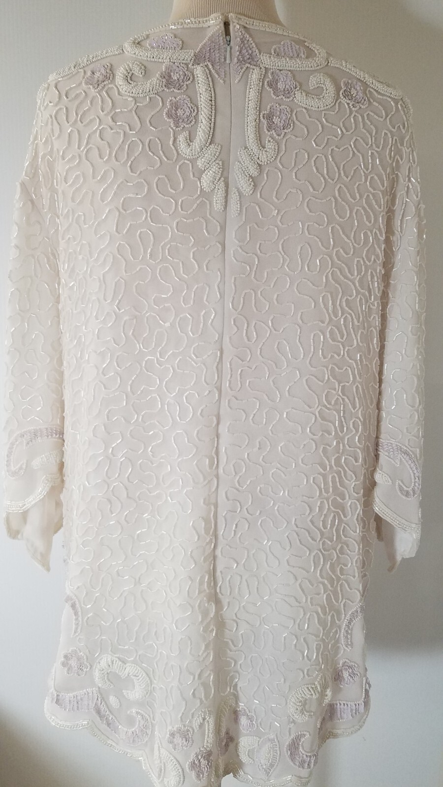 Vintage Beaded Top Ladies Sz XL White Sequins Seed Pearls V Neck Tunic 3282