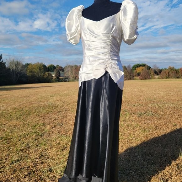 Vintage 80s Satin Evening Gown Black Ivory Puff Sleeve Ruched Formal Dress