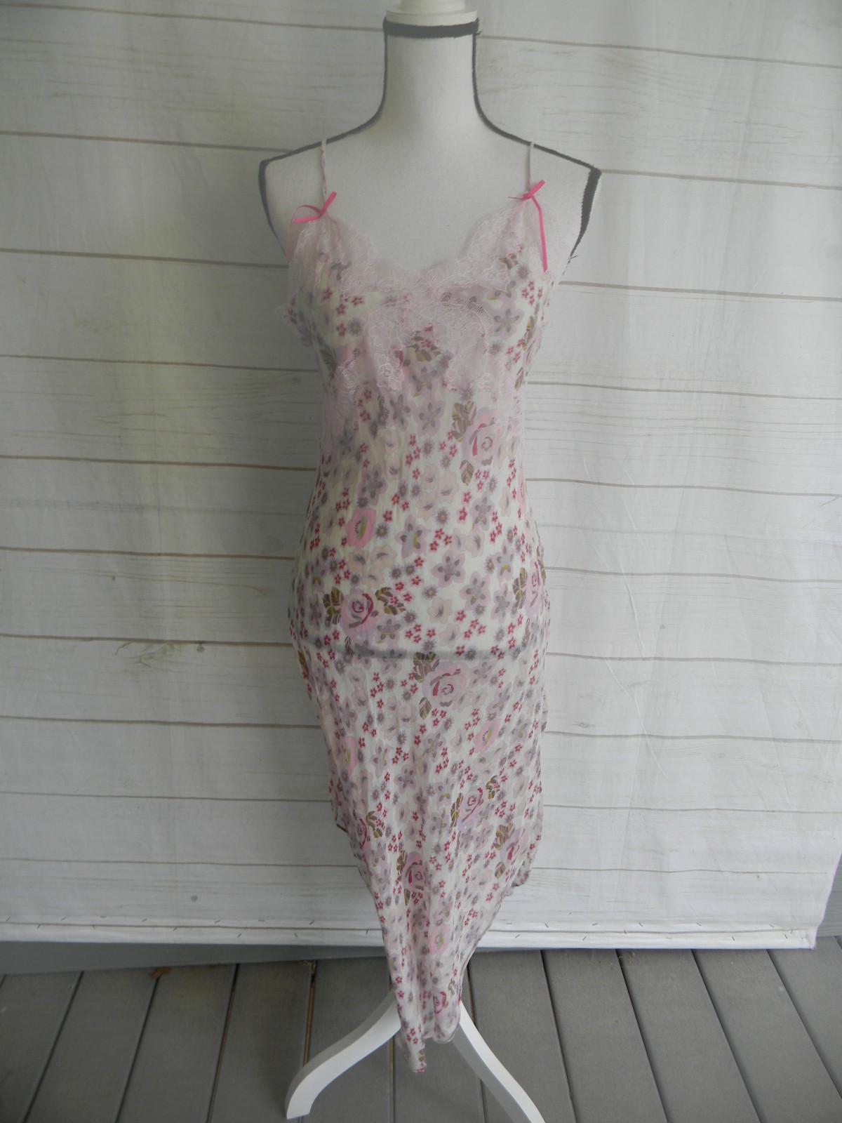 VINTAGE LOLA C Y2K PINK FLORAL LACE 100% SILK SLIP DRESS SZ M