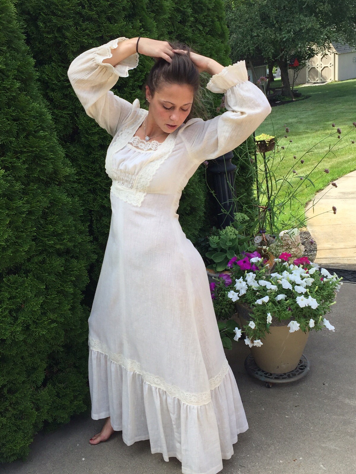 Vtg Ivory Gauze Lace Trim Prairie Gunnie Sax Style Boho Dress Movie Prop Size Sm