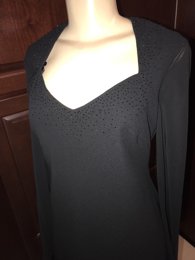 VTG EVAN PICONE BLACK SHEER SLEEVES LINED Dress BEADED SIZE MED xts