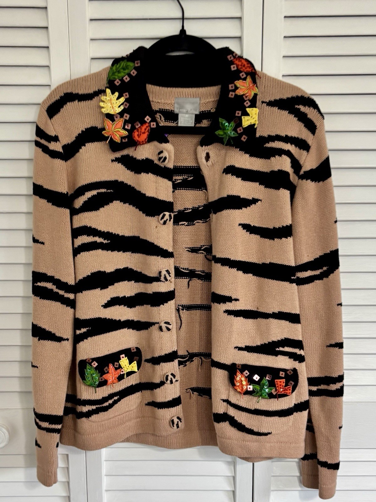 VTG 1980s 90s BEREK M CARDIGAN SWEATER BEADED SEQUIN LEAVES Prairie Fall