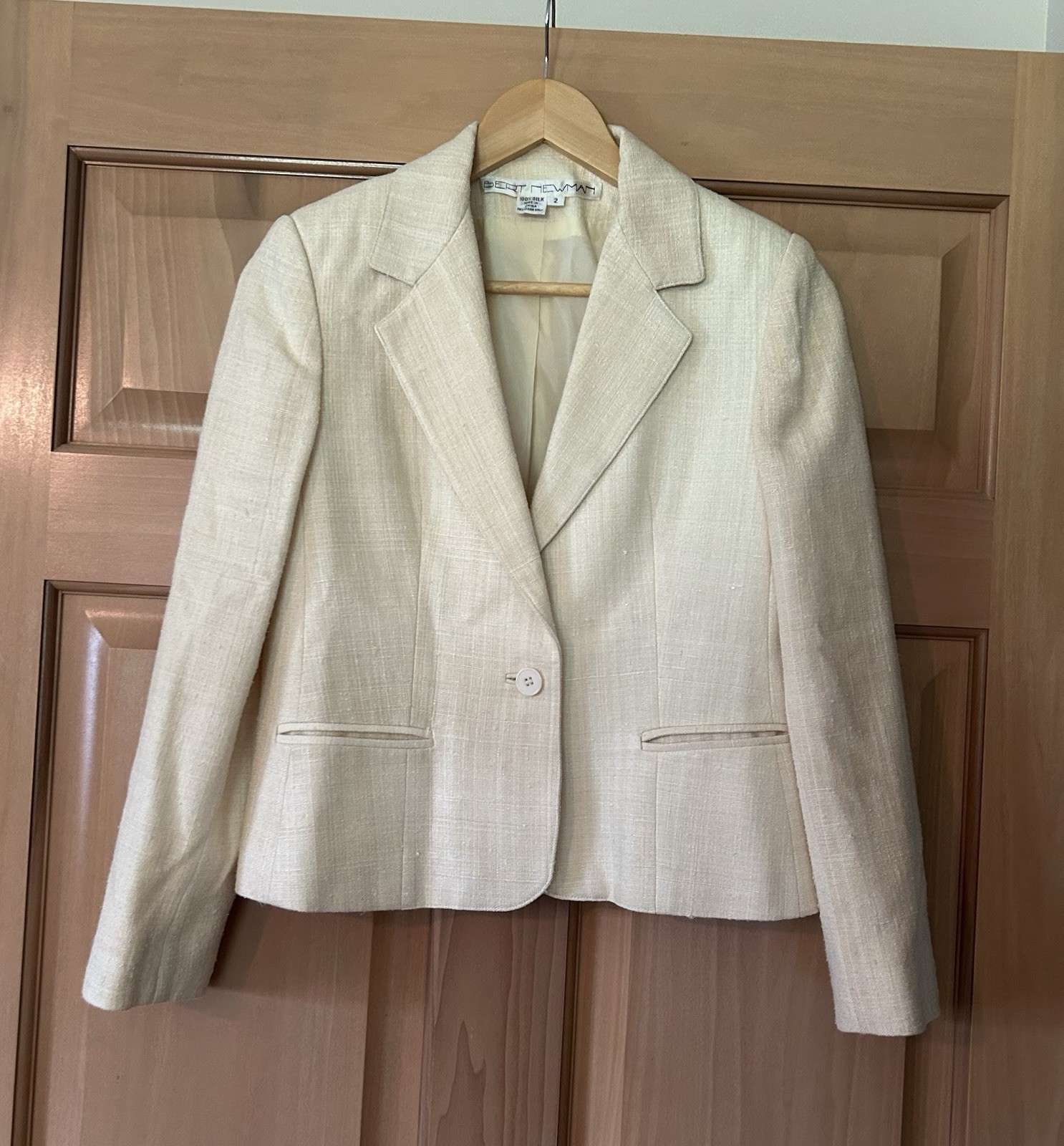 Vintage Bert Newman Cream Raw Silk Blazer Single Button Jacket Size 2