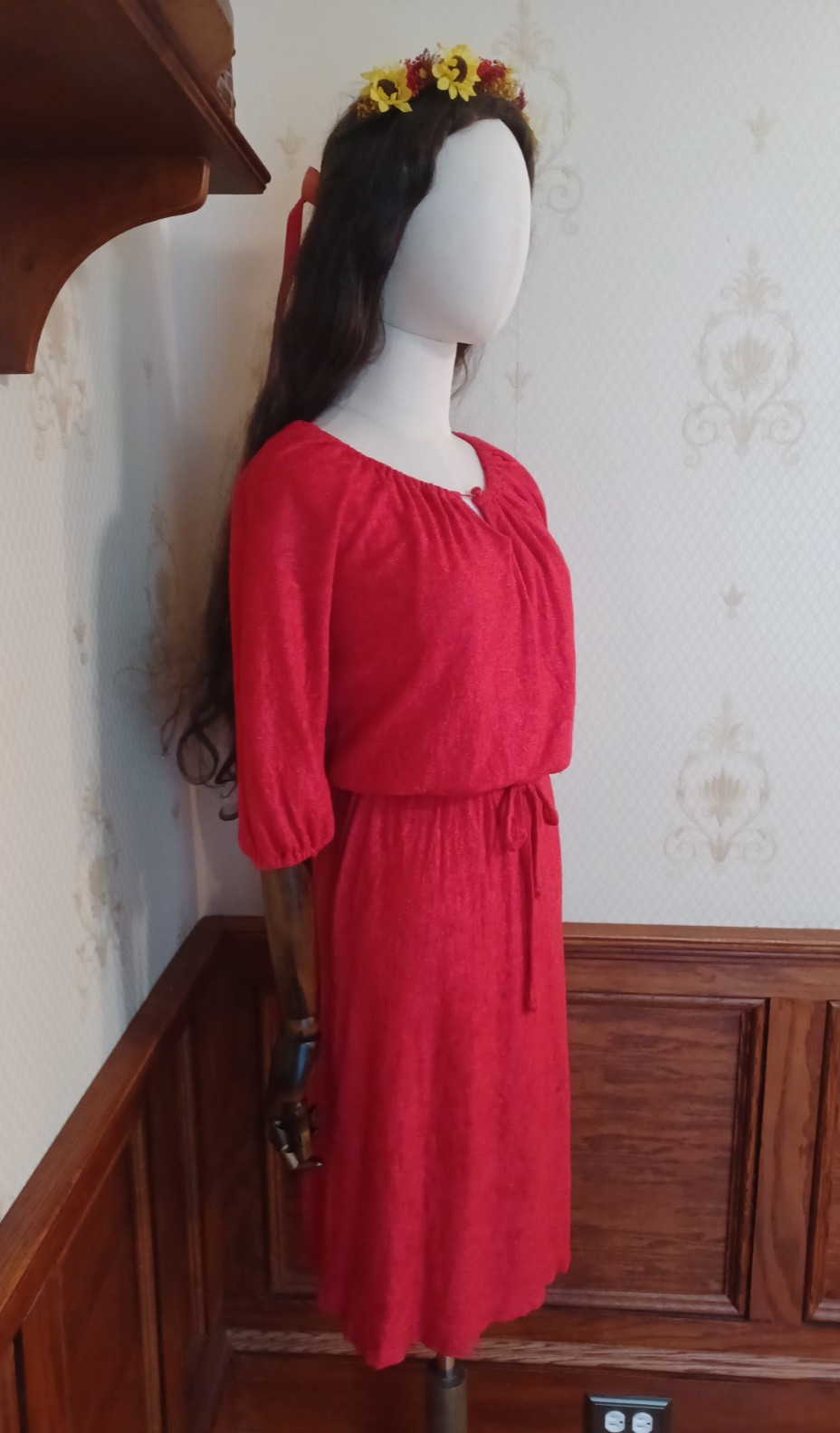 Vintage 1960s/1970s Red Terrycloth Puff Sleeve Boho Hippie Hostess Midi Dress