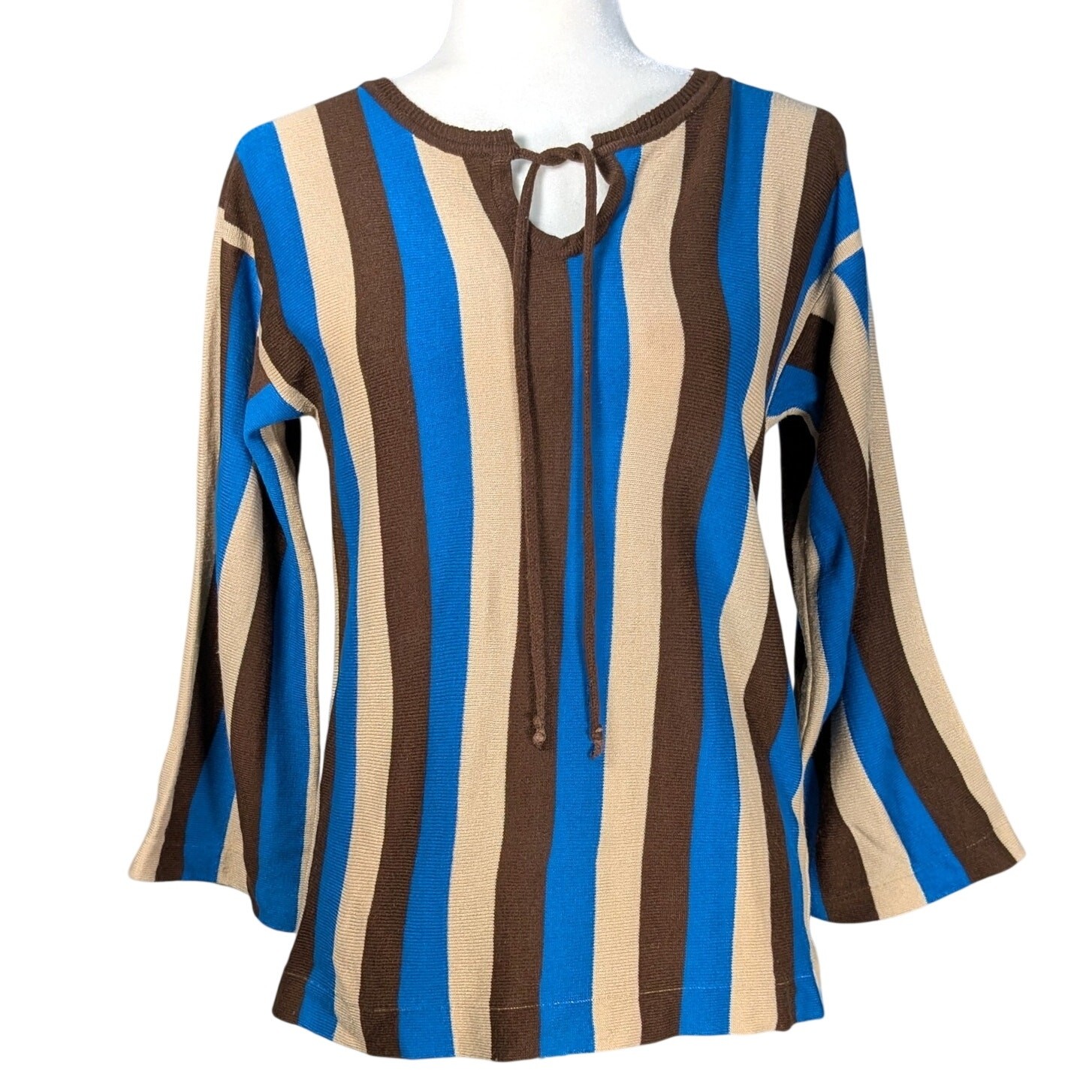 VTG 1970s Tie Front Brown Blue Striped Boho Knit Top Bell Long Sleeves Medium