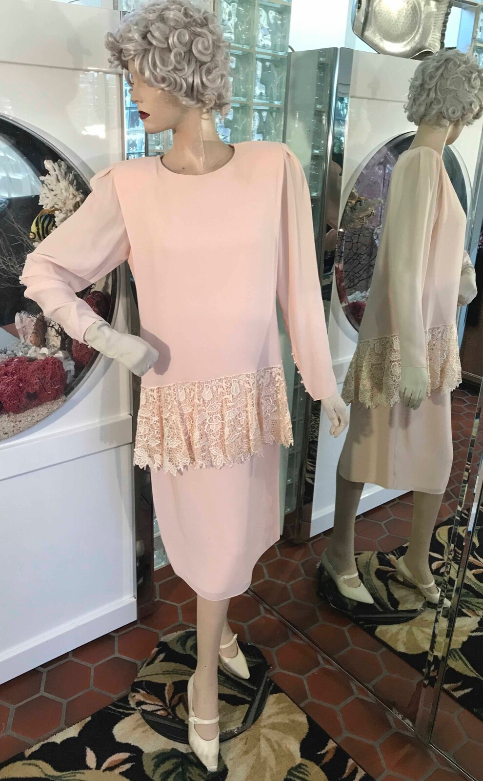 VTG 90s Pink w/ Ivory Lace Ruffle Peplum size 8/10 Dress URSULA OF SWITZERLAND