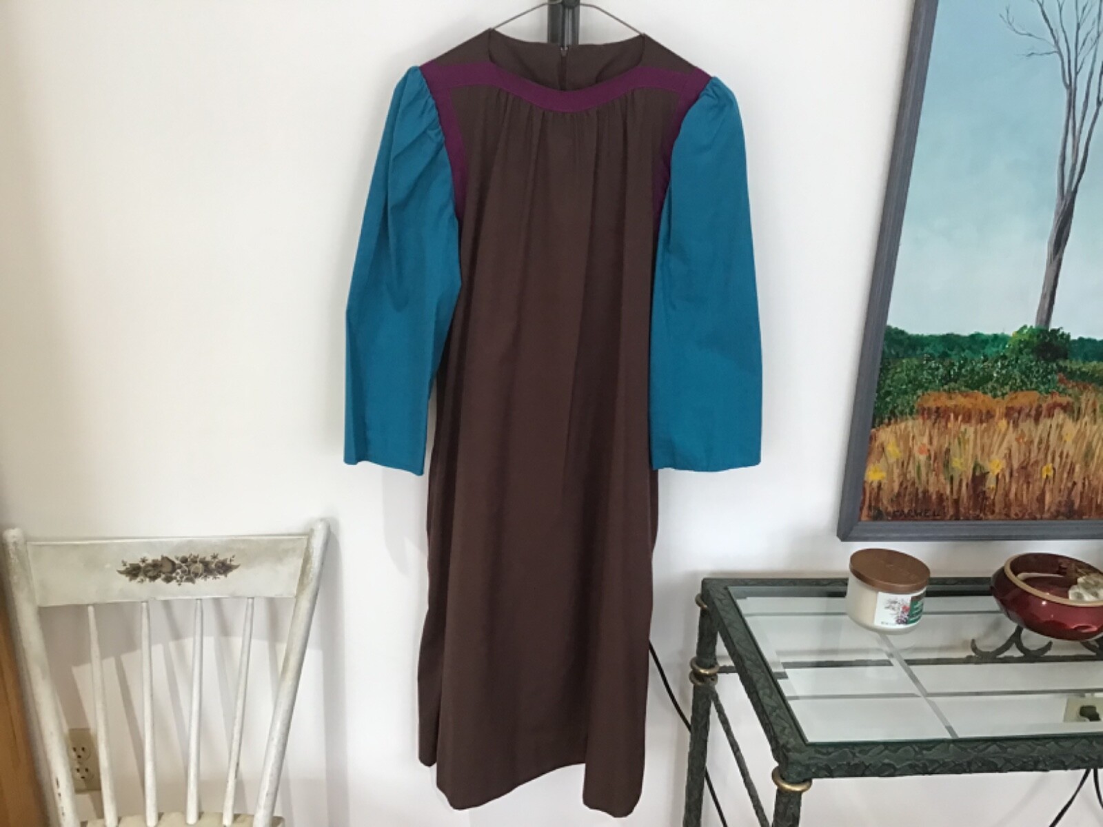 Vintage 70’s NR1 NED GOULD Brown & Teal Blue Color Block Midi Dress Size 8