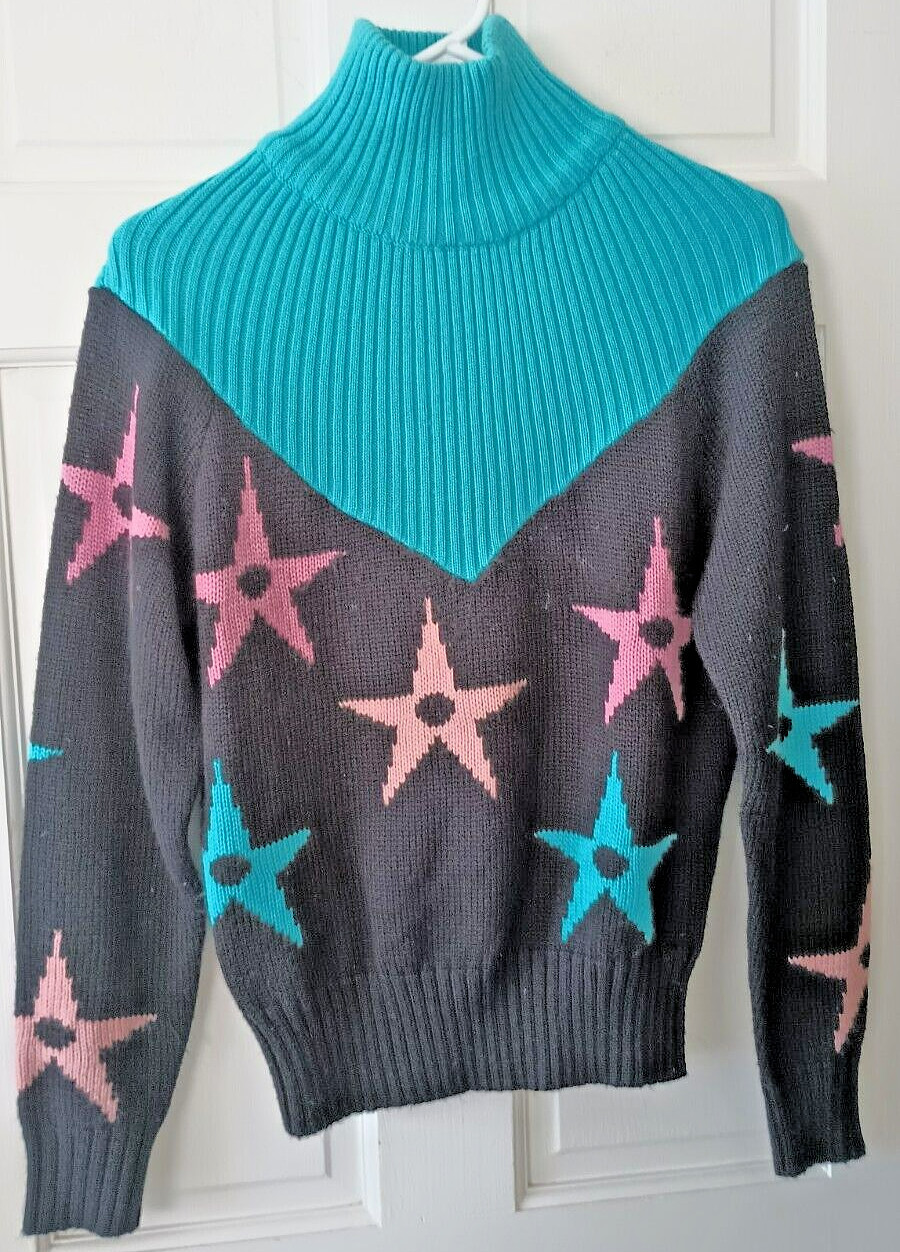 Vtg 80’s Sweater Black Wool Blend Pink & Blue Stars Skate Streetwear Medium