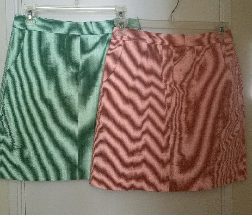 2 Kenar Red/Green/White Seersucker Striped Mini Skirts SZ 4 preppy housewife