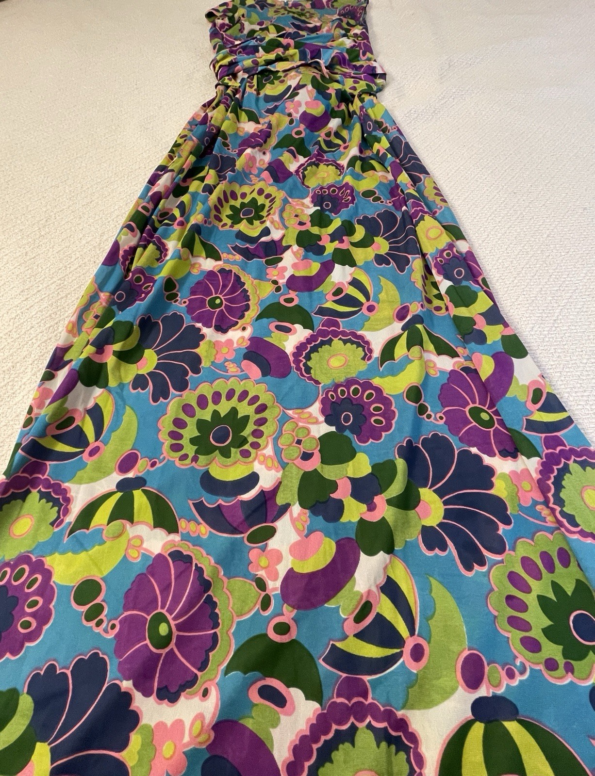 Vintage 60-70s Era Midge Grant Blue Multicolor Floral Sleeveless Maxi Dress 10