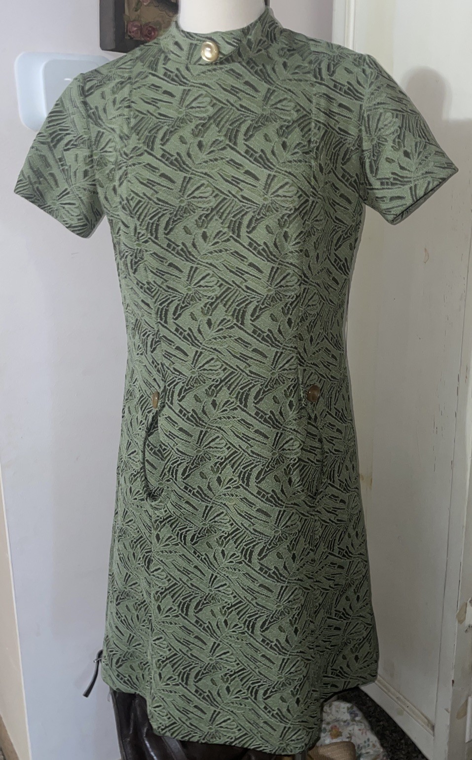 Vtg 60s Mod Mini Dress Space Age Twiggy Era Scooter Green Pockets Size S-M