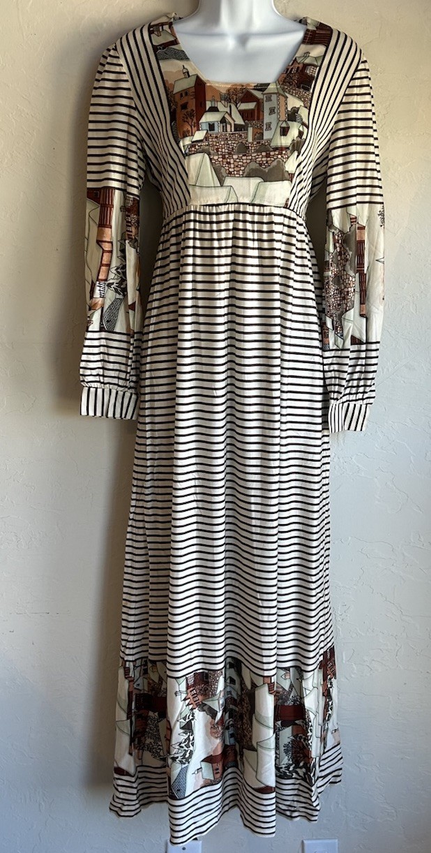 Vintage 60s 70s LA Nylon Maxi Dress 12 Prairie Folk Novelty Cottagecore Artwear