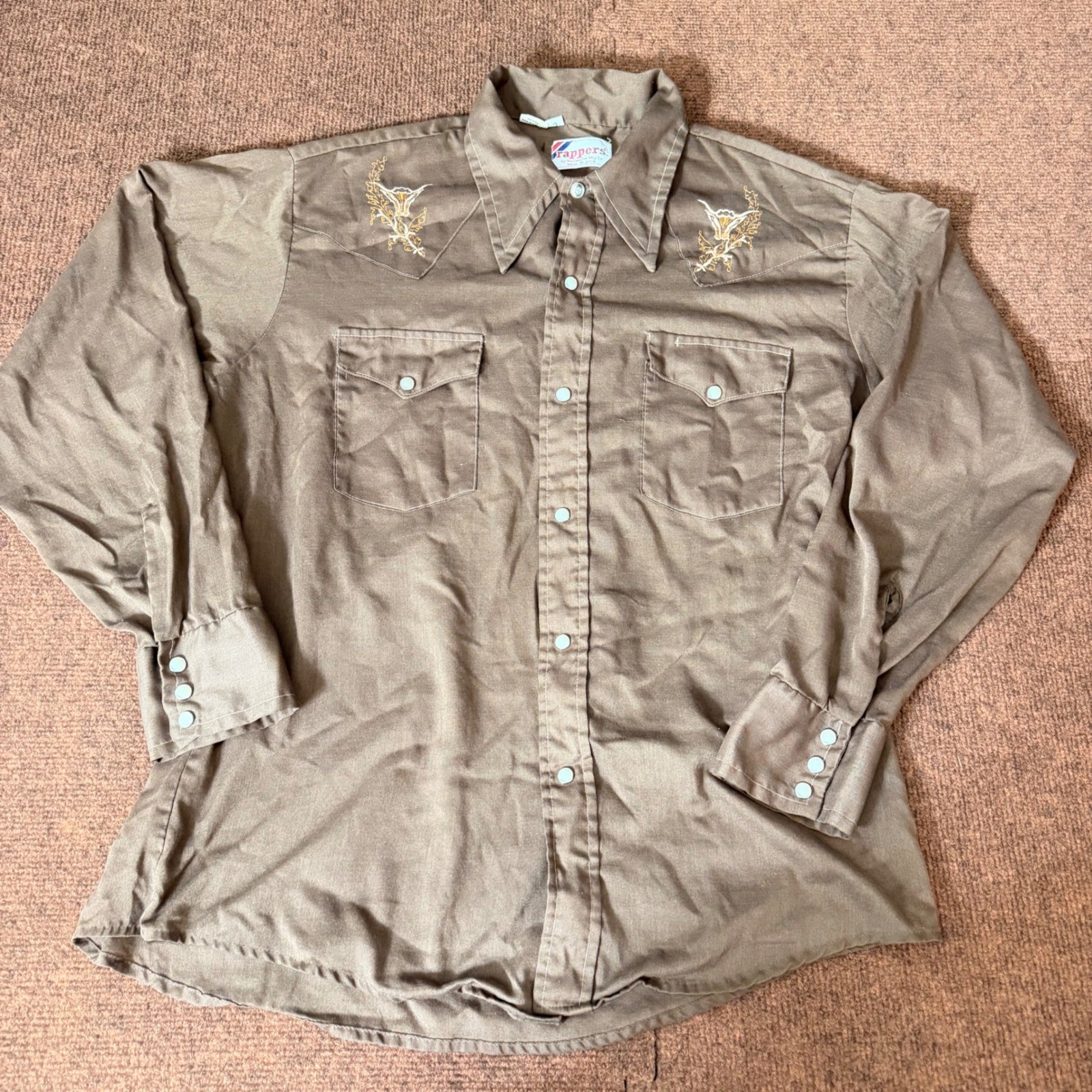 Vintage Rappers Washington Mfg Co Brown Western Pearl Snap Shirt Embroidered L