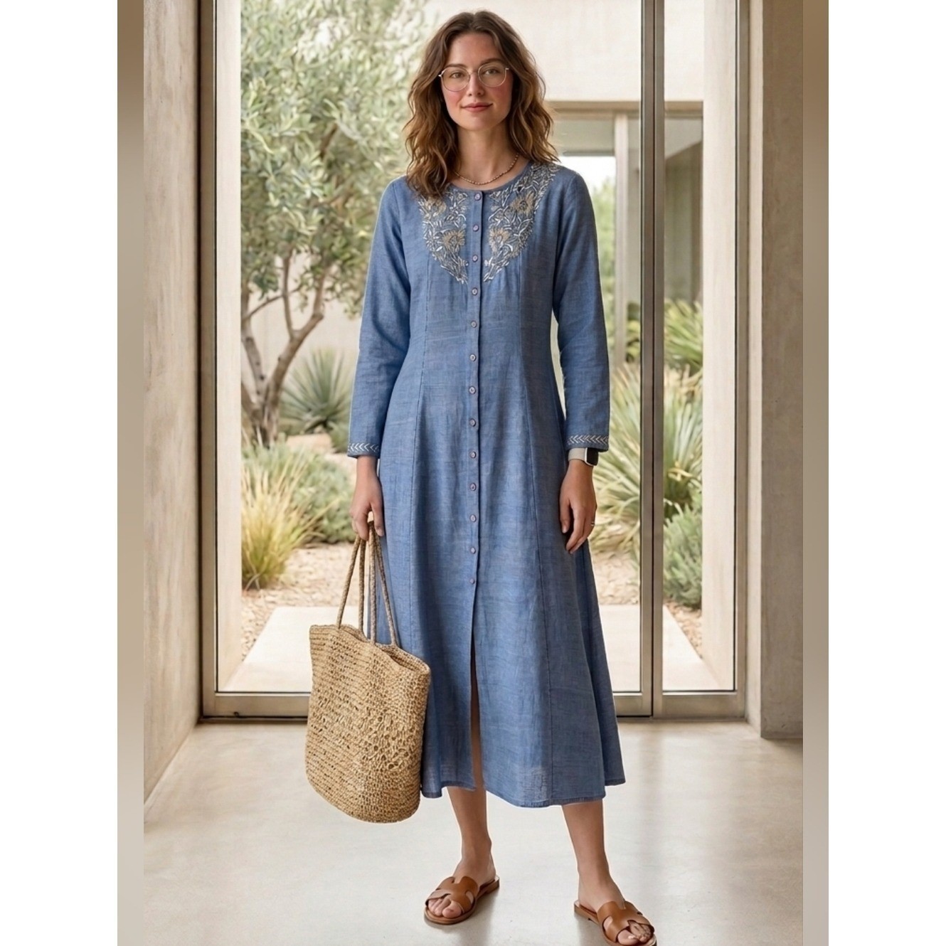 Vtg 90s April Cornell Chambray Blue Button Front Midi Dress Cottage Modest Boho