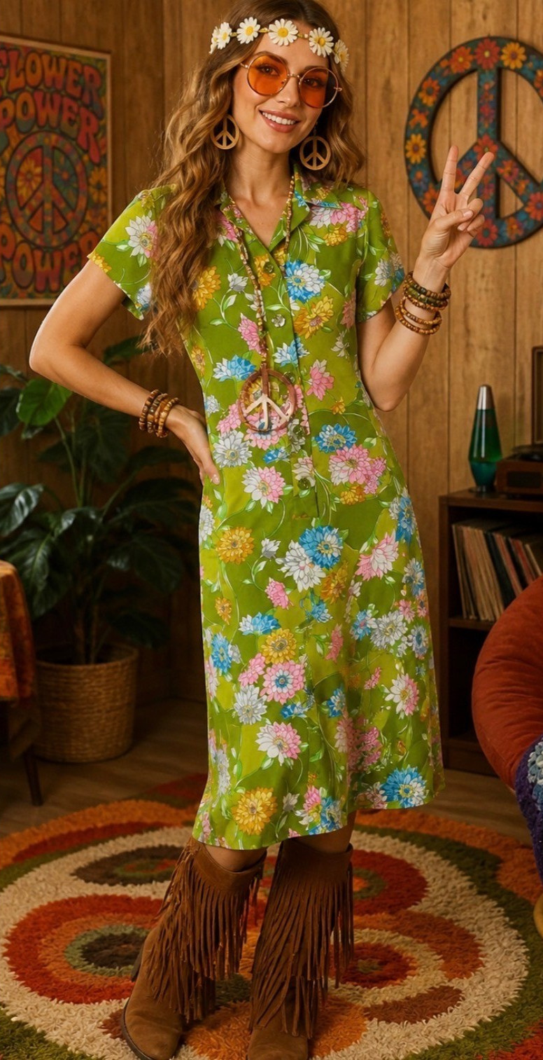 Vtg 70s Serbin of Florida Midi Green Floral Dress Hippy festival groovy Medium
