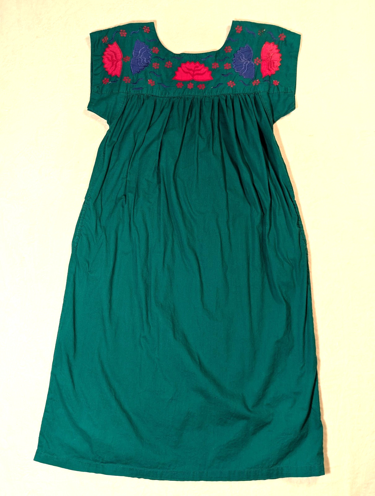 Huipil-Style Long House Dress S/M Coverup Lounging Green Applique Embroidery