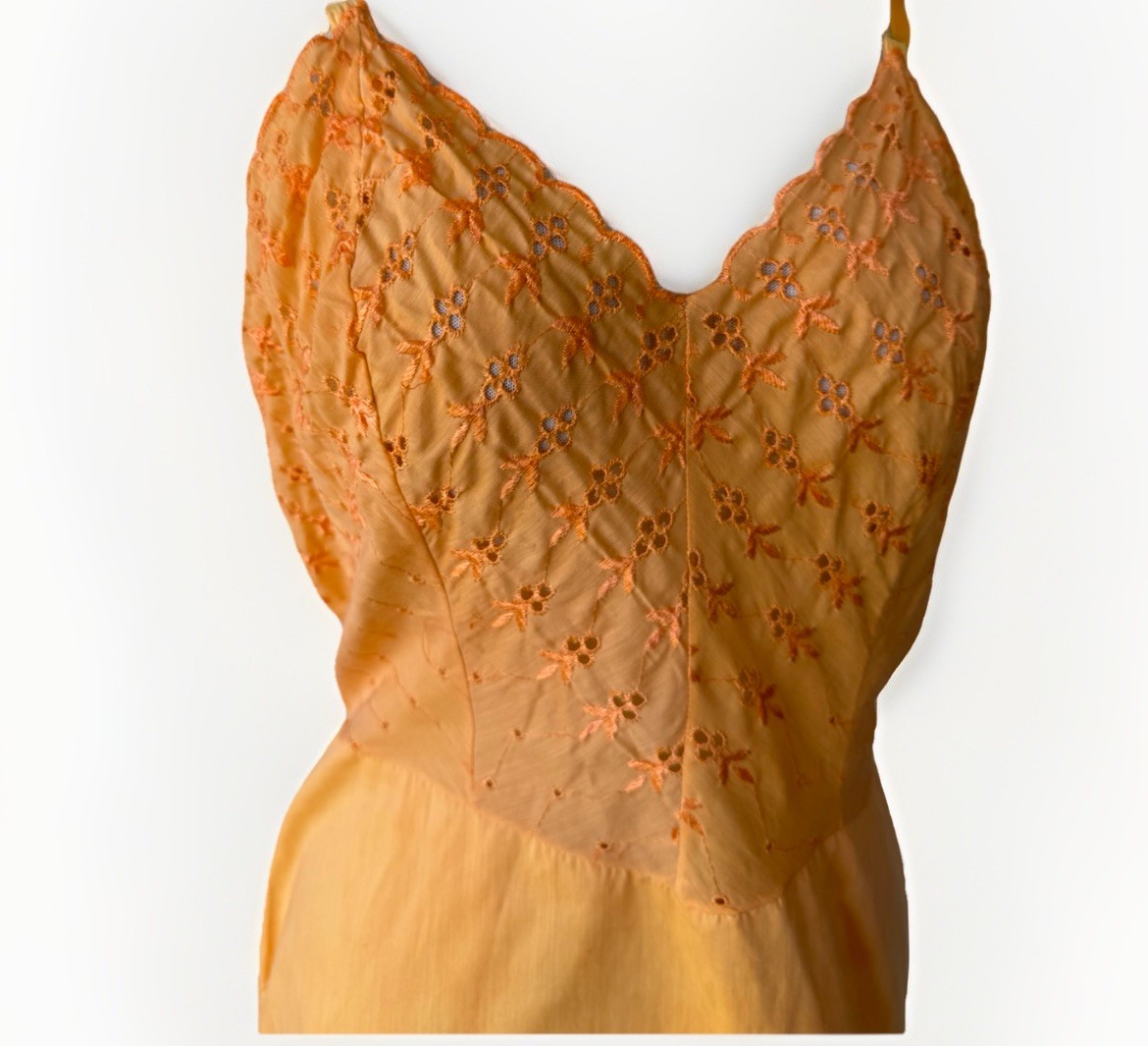 Vtg Orange Eyelet Lace Full Slip Sz 40 Dacron Sunrise Hand Dyed L Boho Cottage