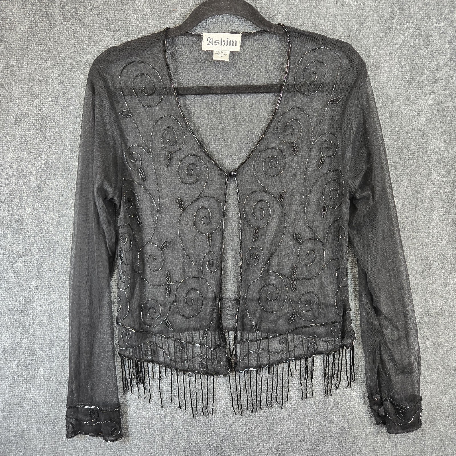 Vtg Sheer Whimsigoth Romantic Gothic Black Beaded Cardigan Cover Up Fringe XL
