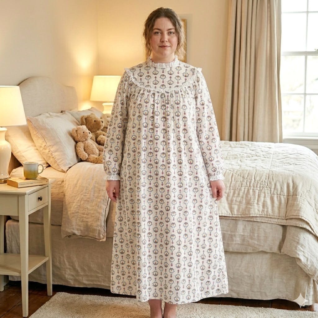 NEW Vtg LANZ Sz XL Bears Wreaths Elastic Cuff Eyelet Lace Long Flannel Nightgown