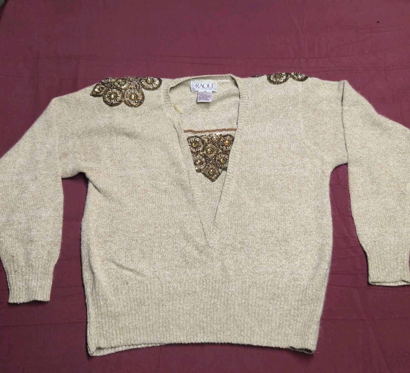 Vintage Raoul Silk/Acrylic/Nylon Beige Embroidered Sweater Womens Size Med