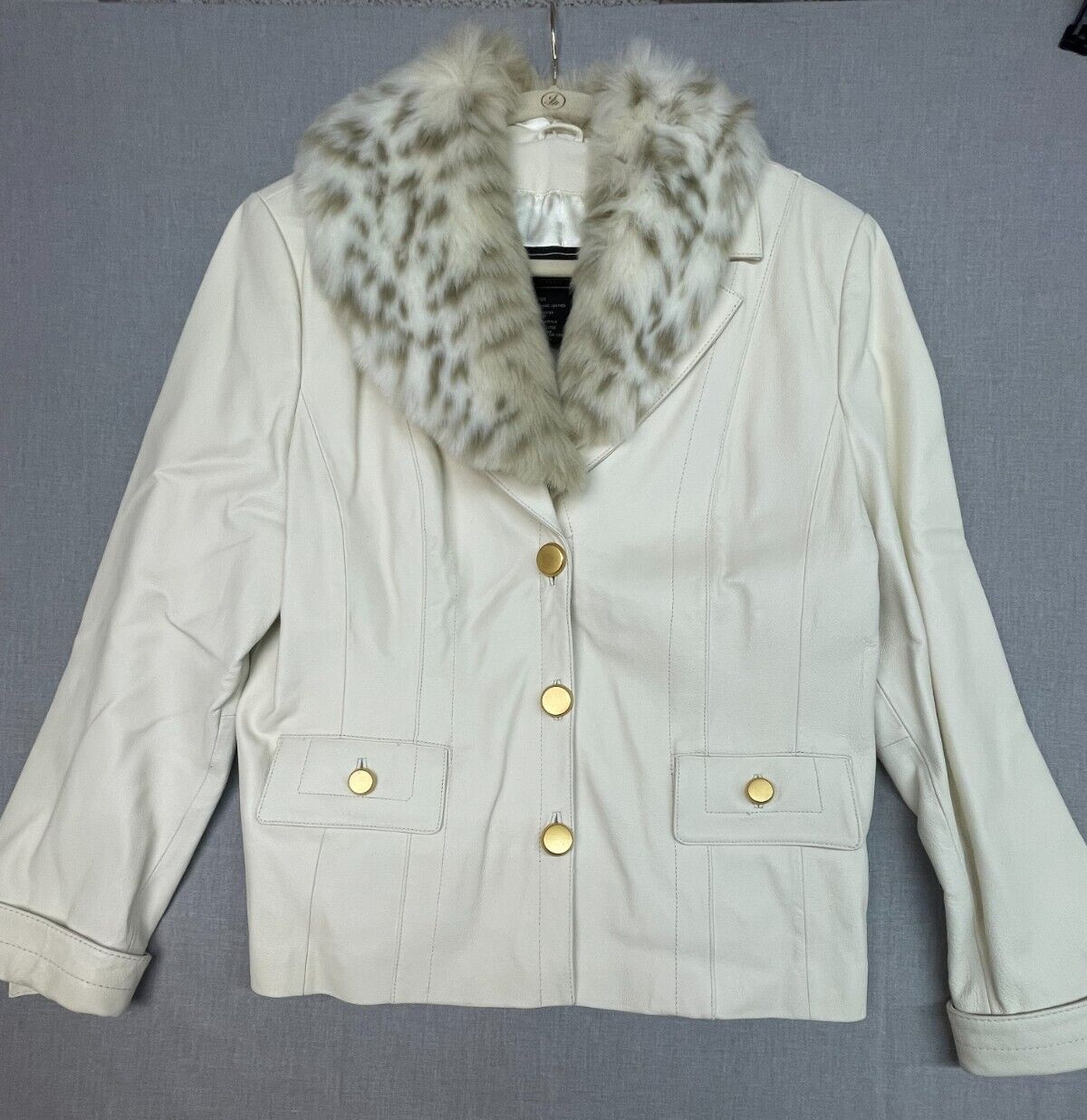 Terry Lewis Classic Luxuries Women’s White Leather Faux Fur Collar Jacket Large