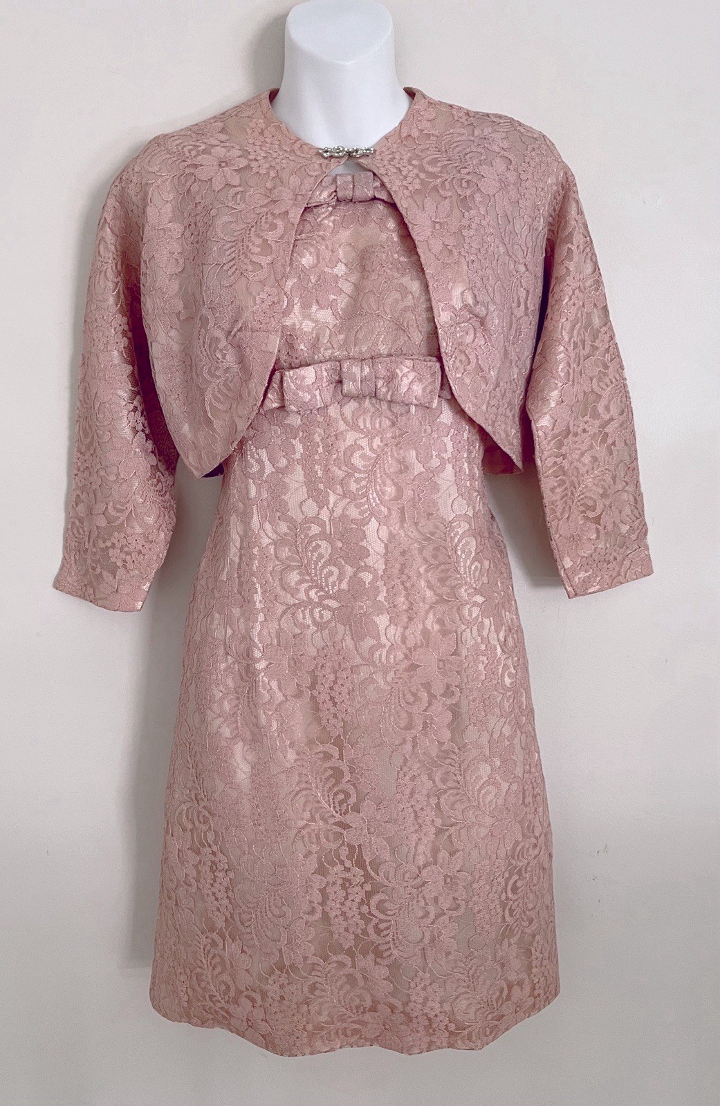 Vintage Lace Dress/Jacket Set PXS Sleeveless Pink Formal Handmade Satin Lined