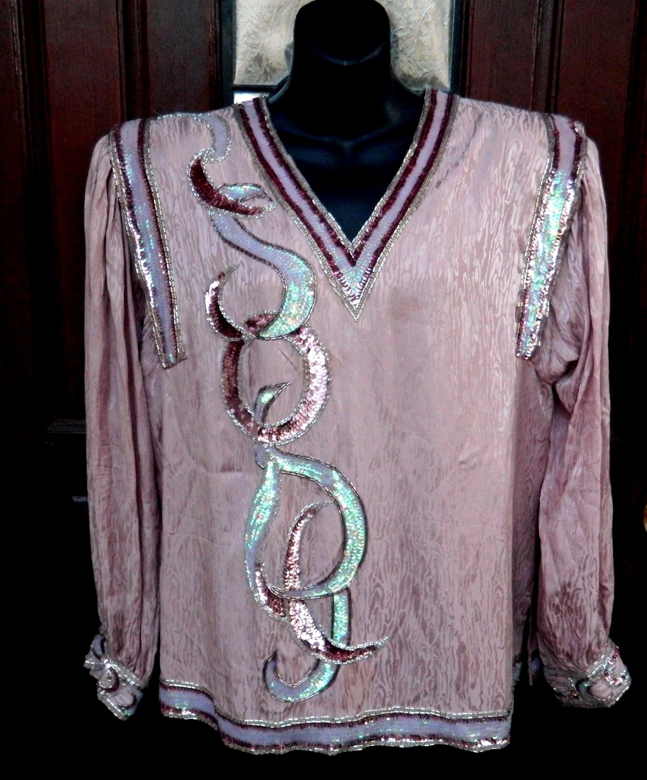 GALLERIA INTERNATIONAL LTD. VINTAGE BLOUSE SILK SEQUINED BEADED PINK SZ 16 SILK