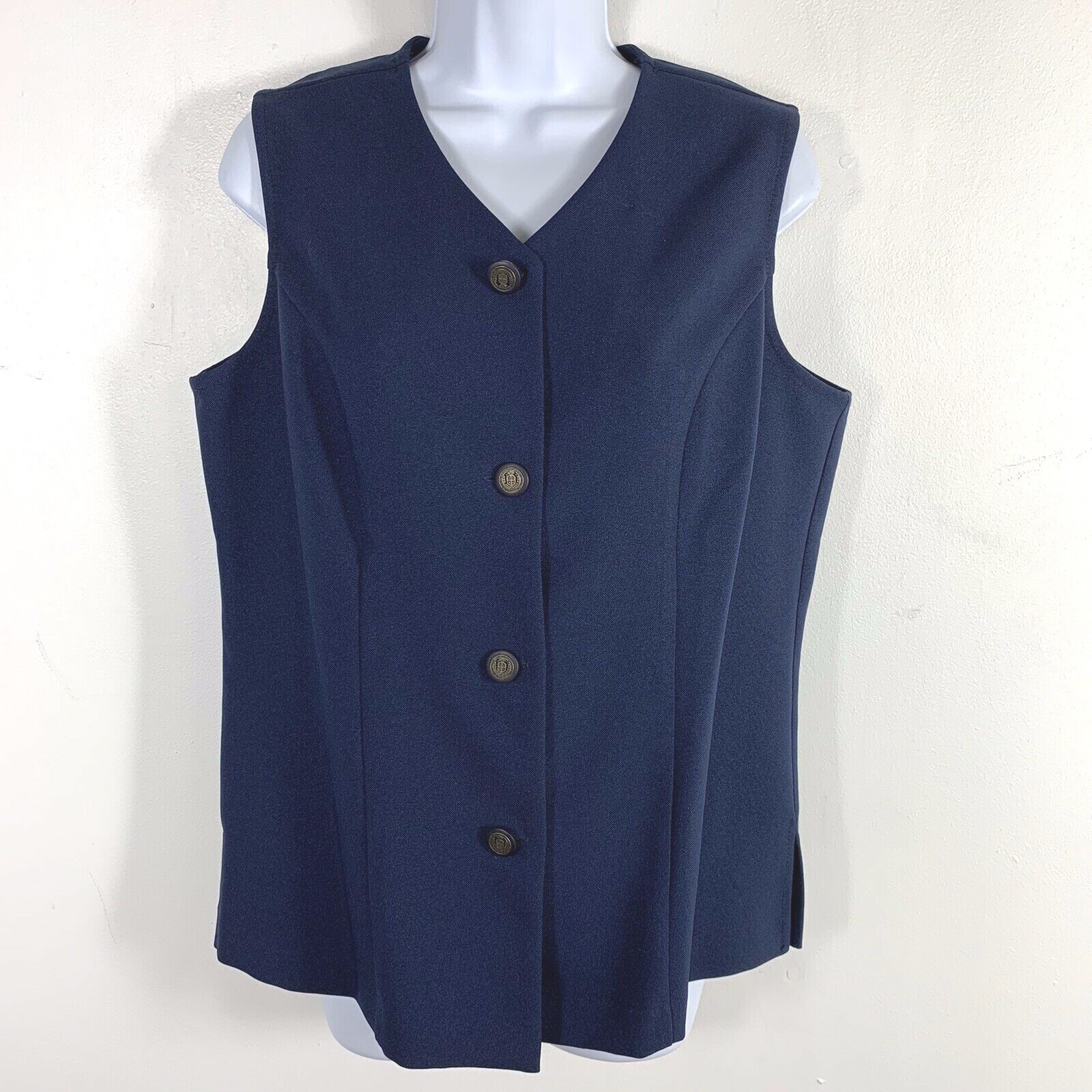 24K Blue Button Front Vest Sz 12 Petite Minimalist Office Siren VINTAGE EB35