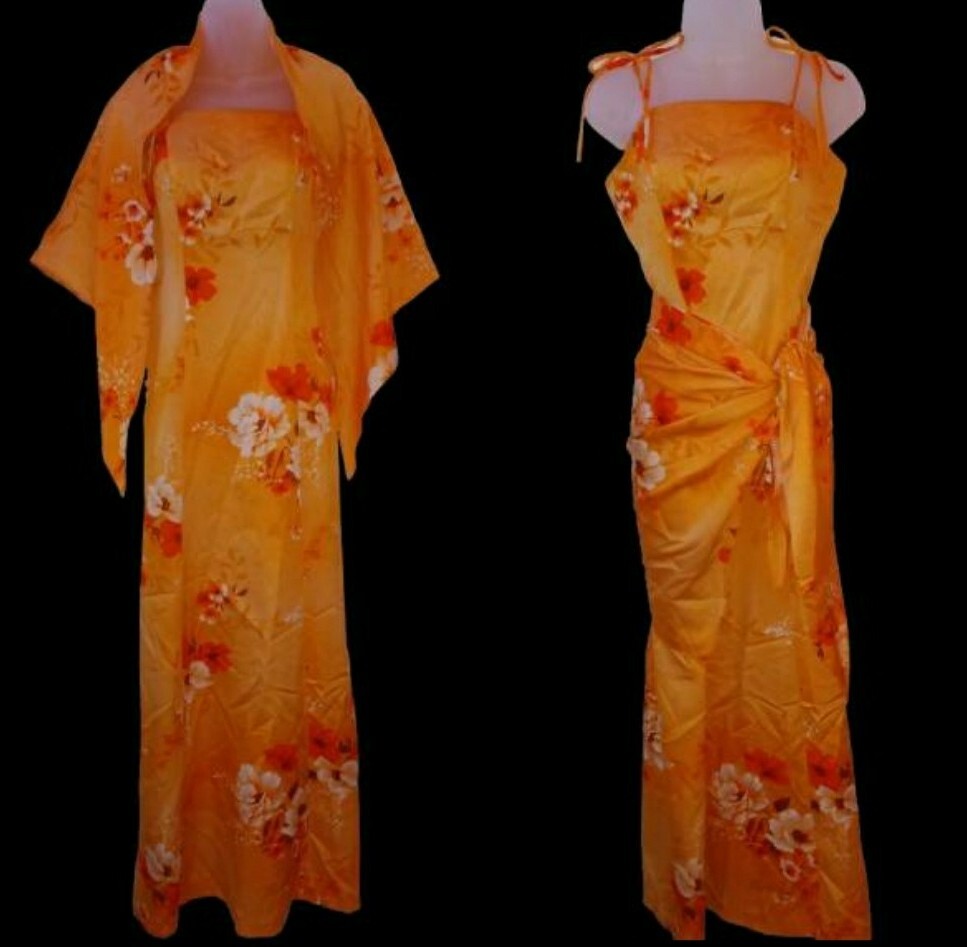 Vintage 70s Hawaii Nei Orange Floral Hawaiian Maxi Dress Wrap Shawl Tiki O M