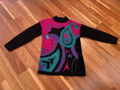 80s Vintage Womens S Bright Geometric Embellished Sweater Cedars