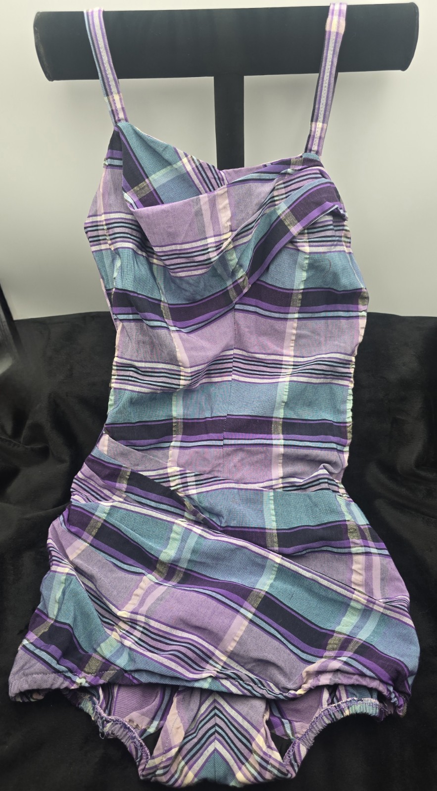 VINTAGE 60s ROSE MARIE REID ONE PIECE PLAID WOMEN’S BLUE/PURPLE SWIMSUIT ROMPER