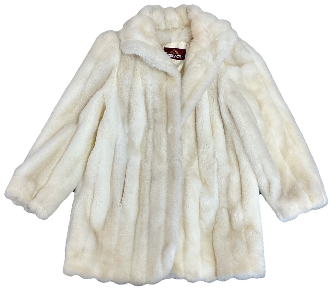 Vintage Jordache Faux Fur Coat Cream Ribbed Mid Length Jacket Women’s Large