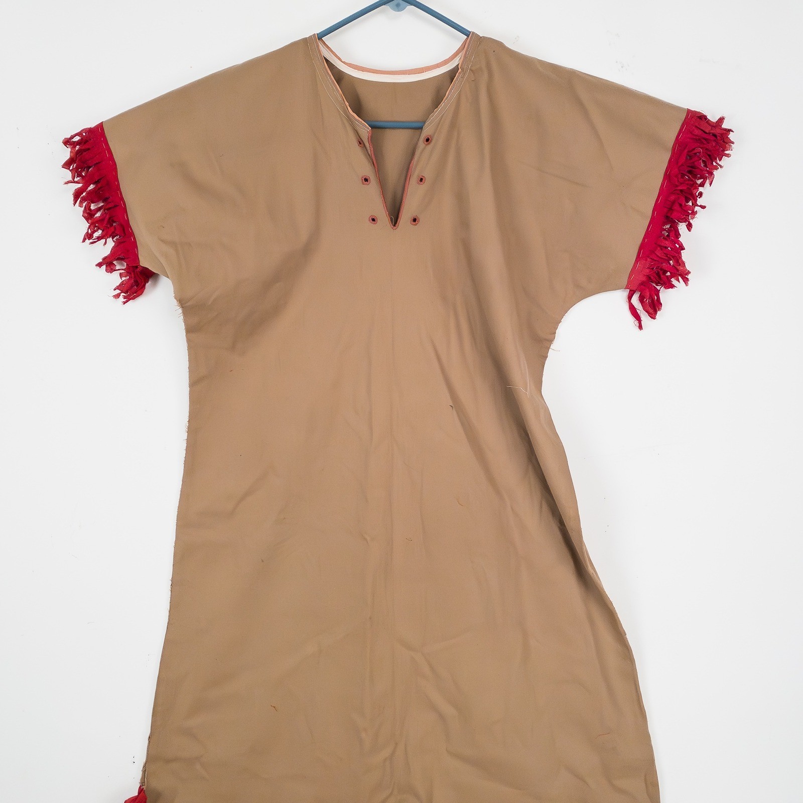Vintage American Indian Dress Women Tan Red Fringe Cotton Canvas