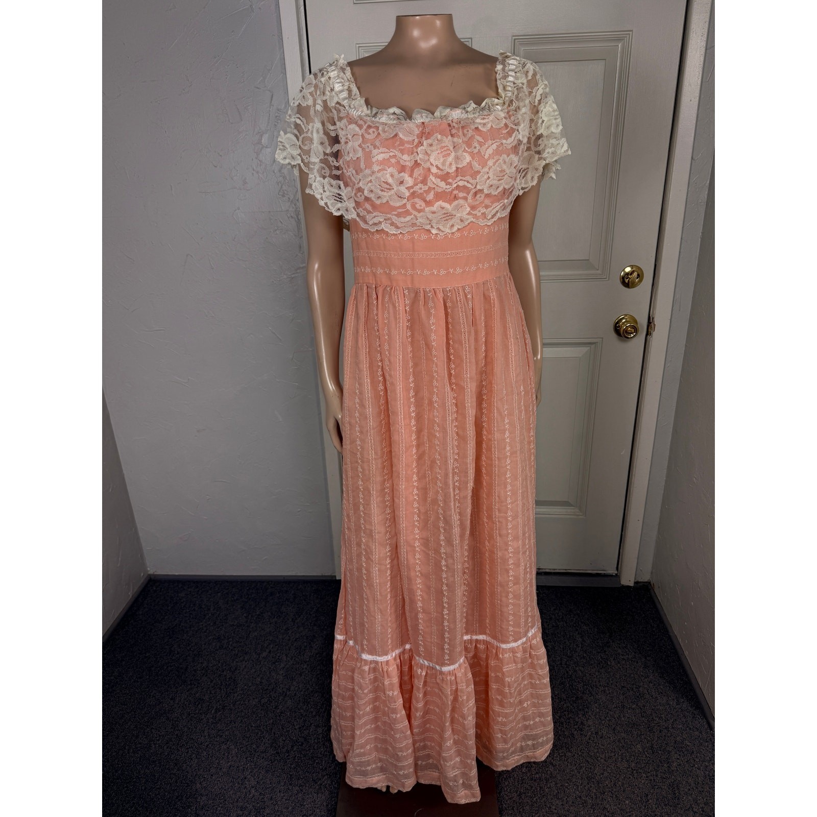 Vintage 70’s Handmade Women’s Dress Prairie Floral Cotton Lace Bridesmaid N10