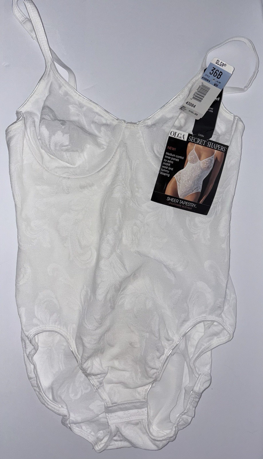 VTG NOS Olga Secret Shaper White Sheer Tapestry Underwire Shaper Bodysuit 36B