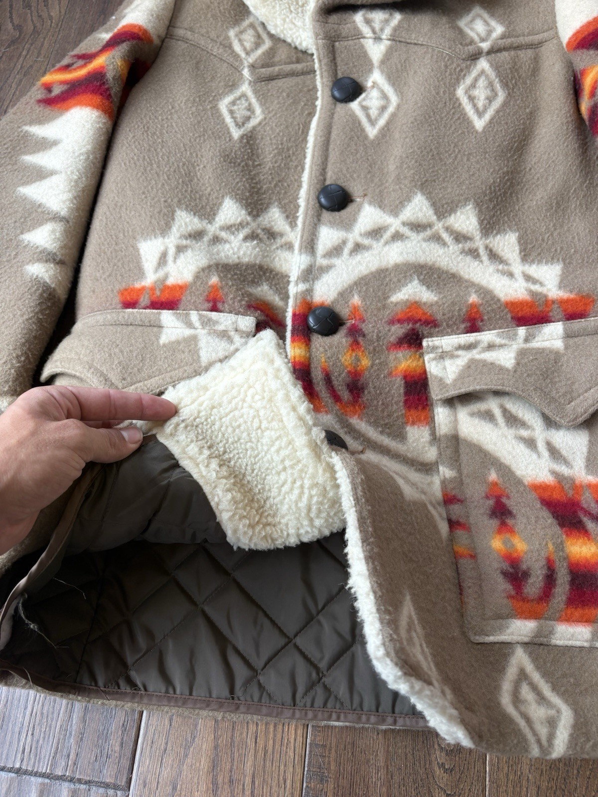 Vintage 70s Pendleton Chief Joseph Harding Aztec Wool Coat Shearling Collar