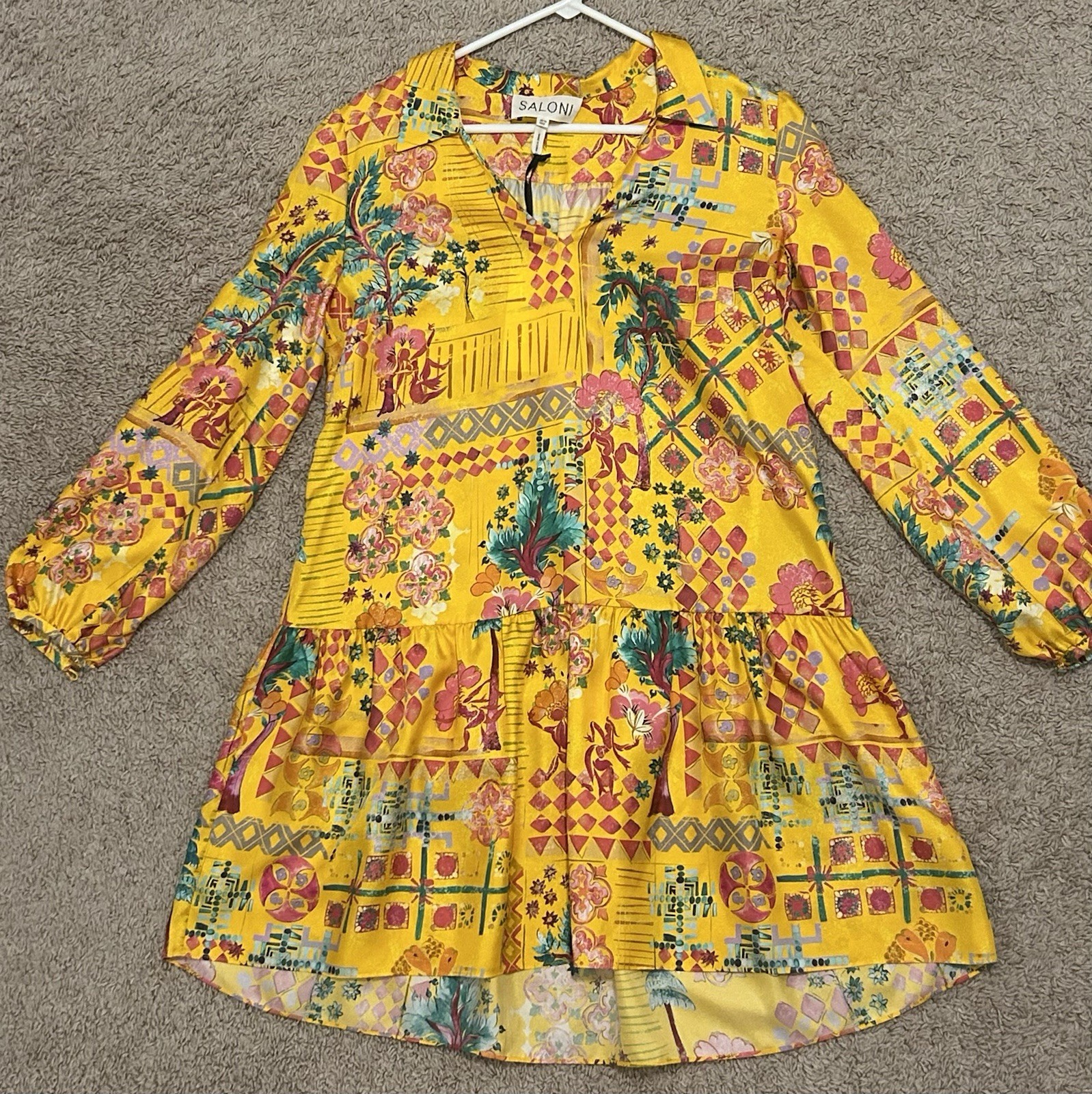 Vintage 2001 Saloni 100% Silk Twill Dress UK10 US6 NWT Yellow/Orange 10357