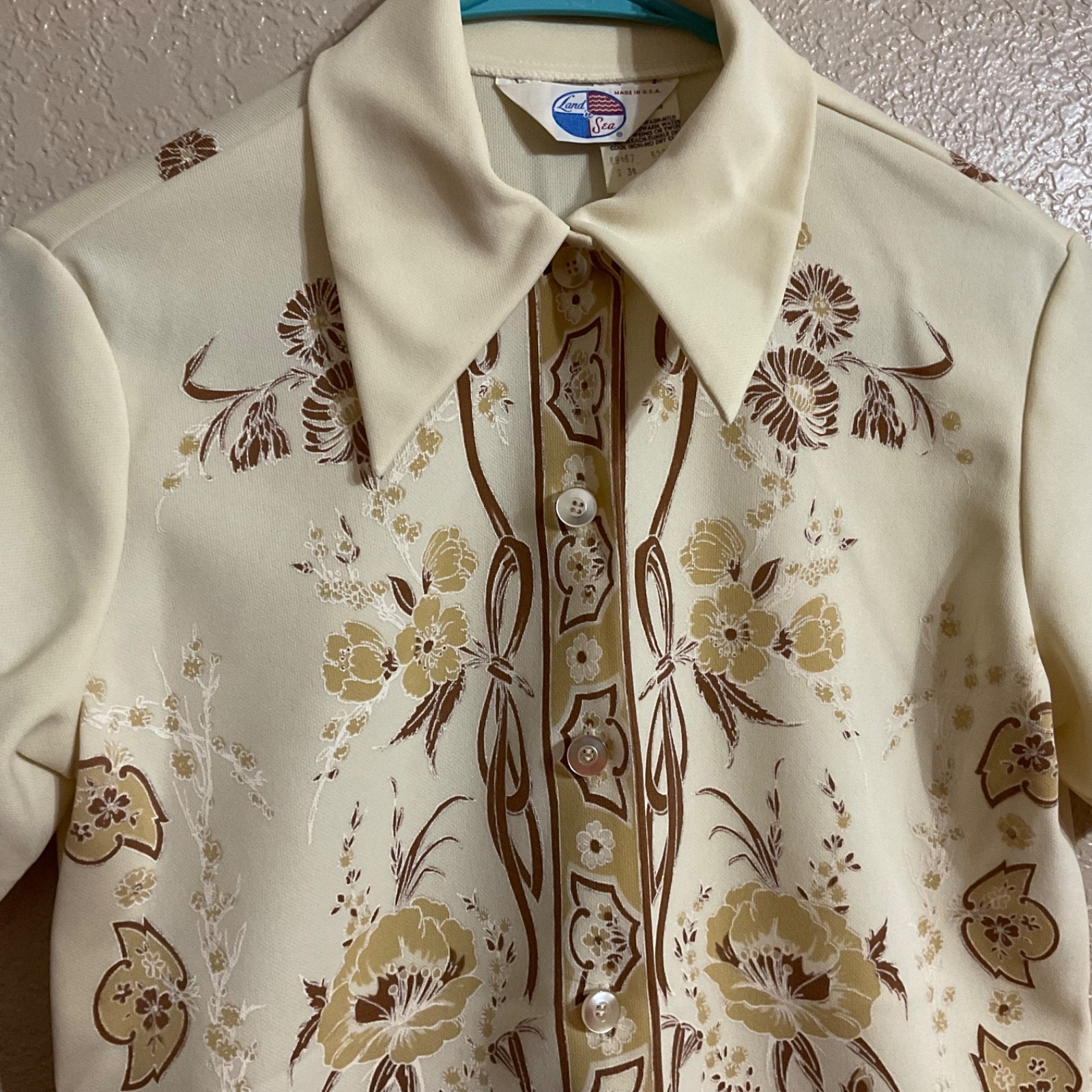 Exc! Vtg 70s Floral Urn Engineered Print Dagger Collar Blouse Cream Brown Sz S