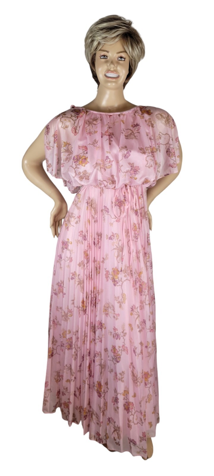 Vtg 60s/70s Pink Floral Pleat Chiffon Union Made Cottagecore Maxi Dress ILGWU 9
