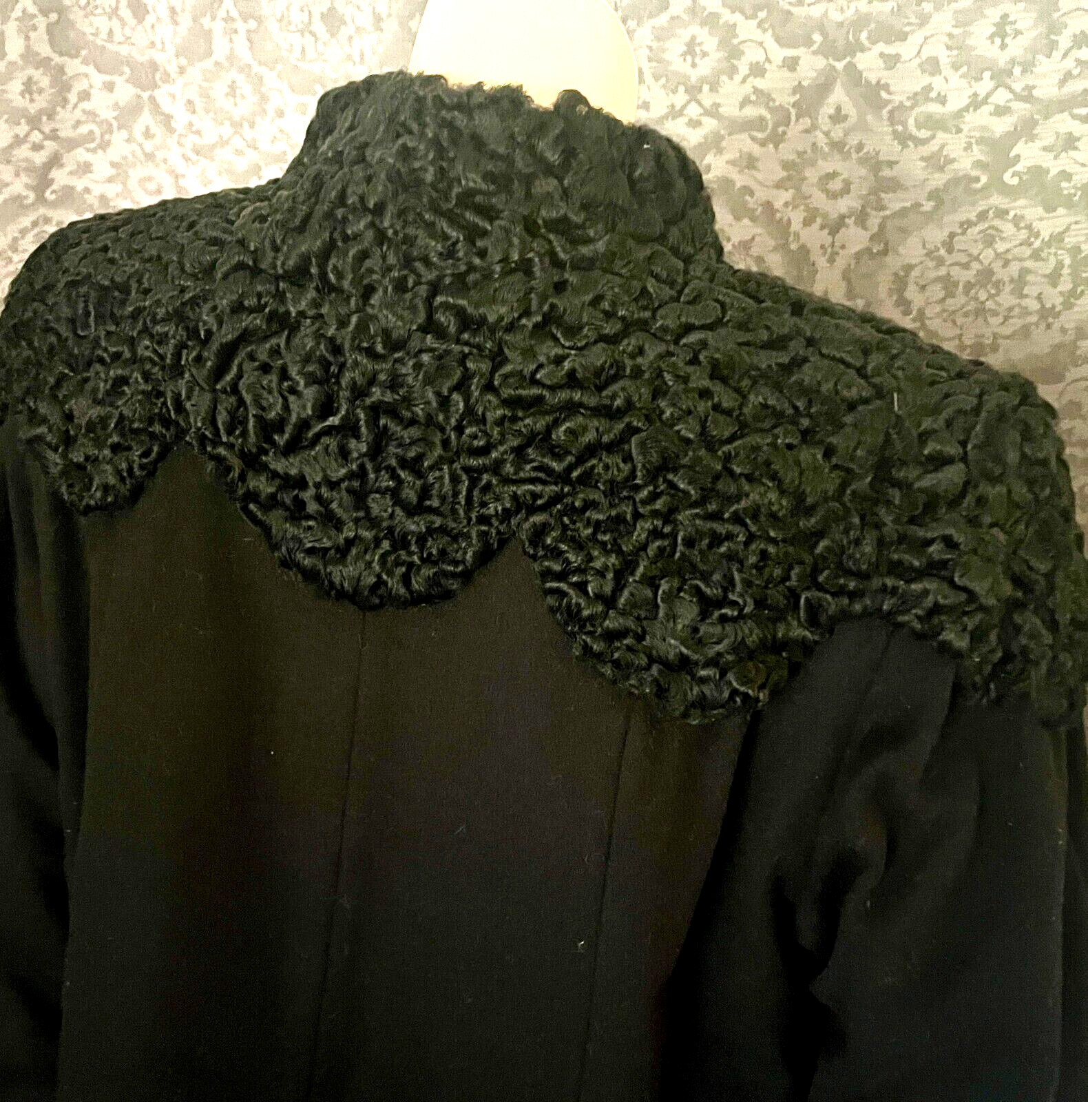 Late 1940s Inky Black Wool Coat, Fabulous Persian Lamb Collar, Excellent, L -XL